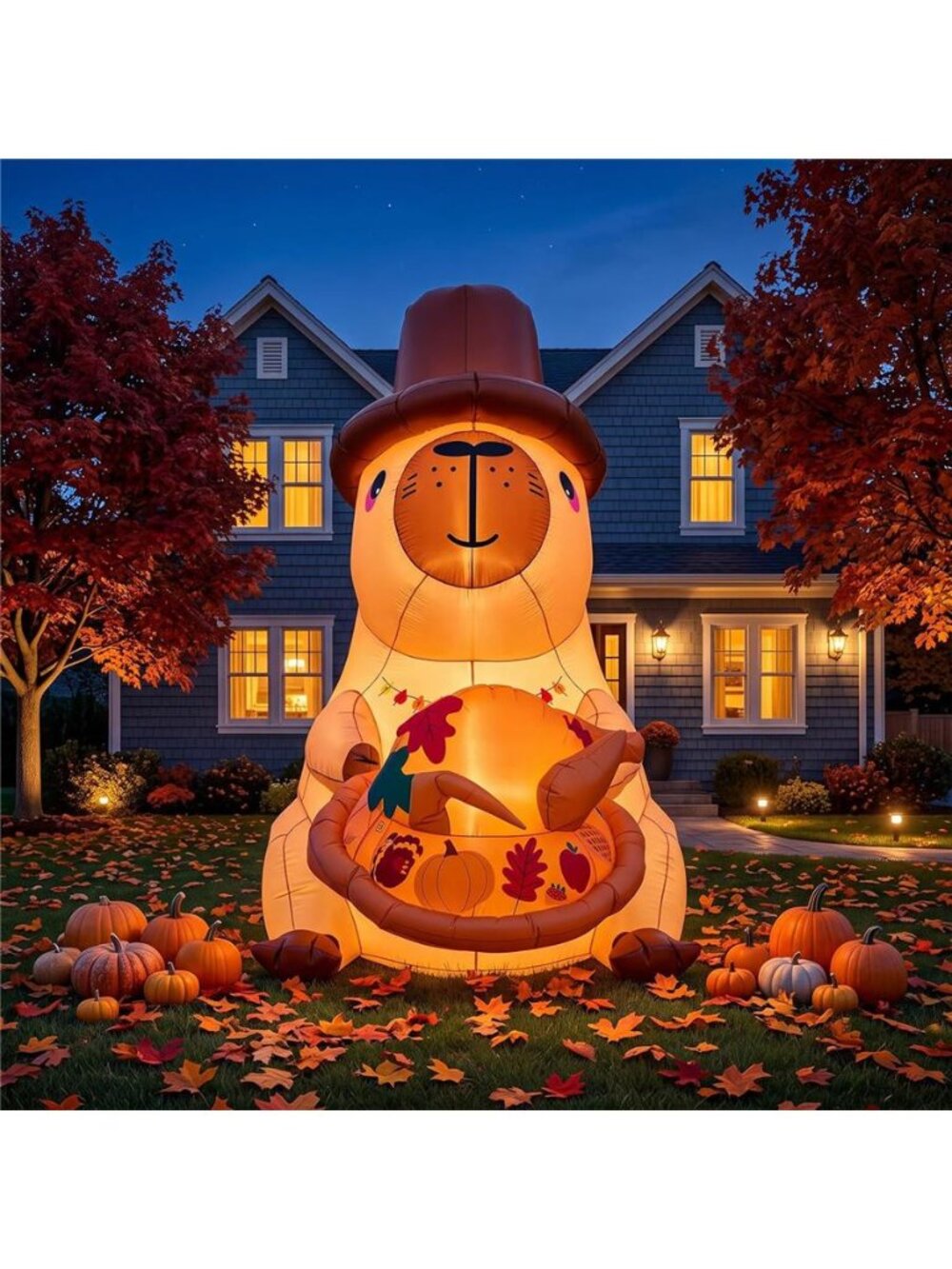 5FT Thanksgiving Inflatable Capybara with Pilgrim Hat LED Yard Decoration